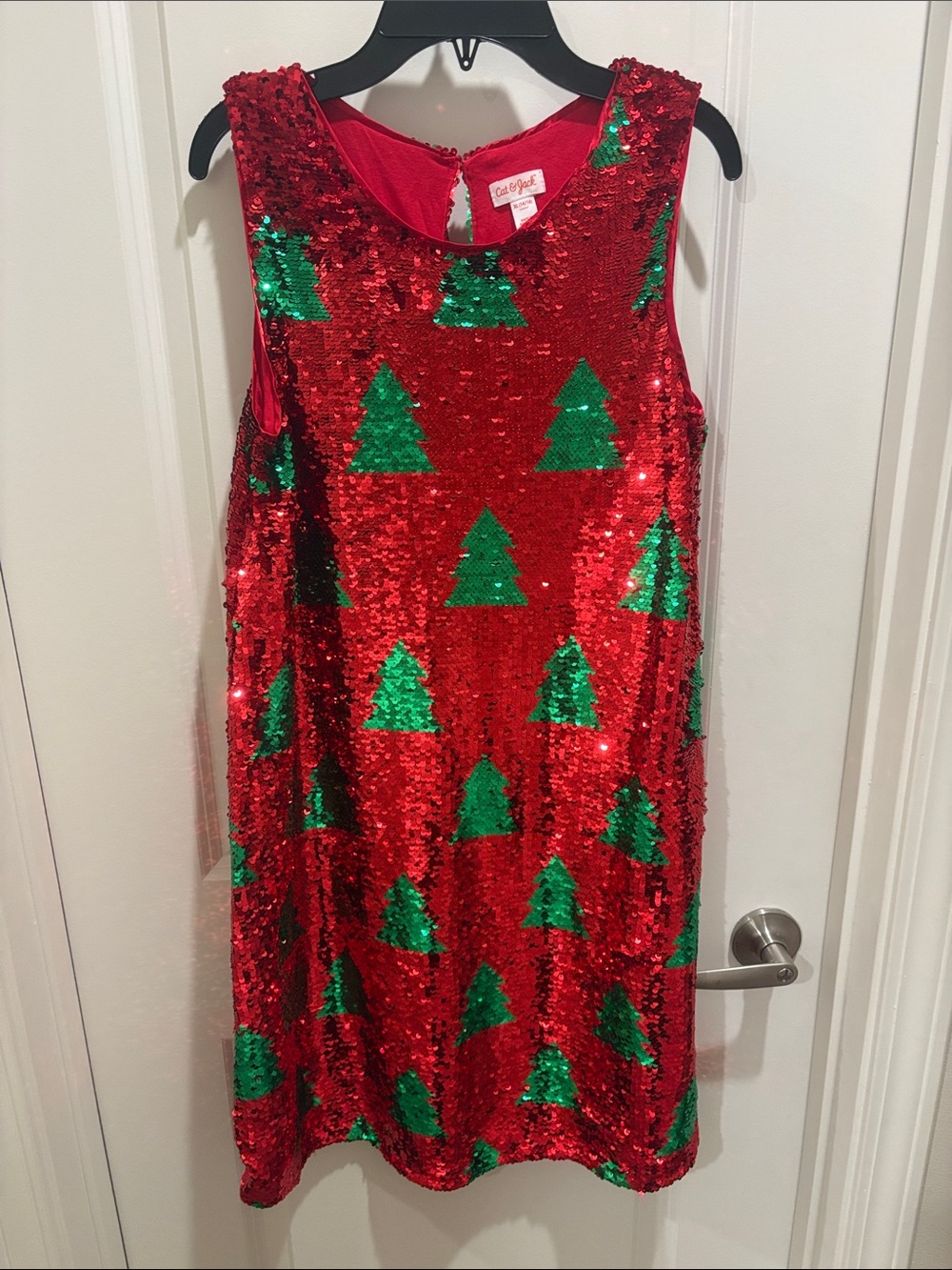 Cat & Jack Red Sequin Dress with Green Tree Accents - size xl (14/16) - so fun!